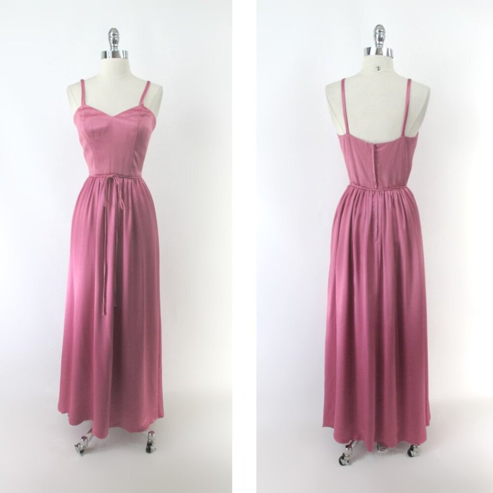 Vintage 70s Pink Satin Party Dress Gown S - Picture 2 of 7